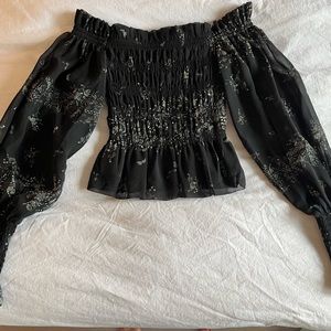 All Saints Off the shoulder form fitted top with sheer blousy sleeves